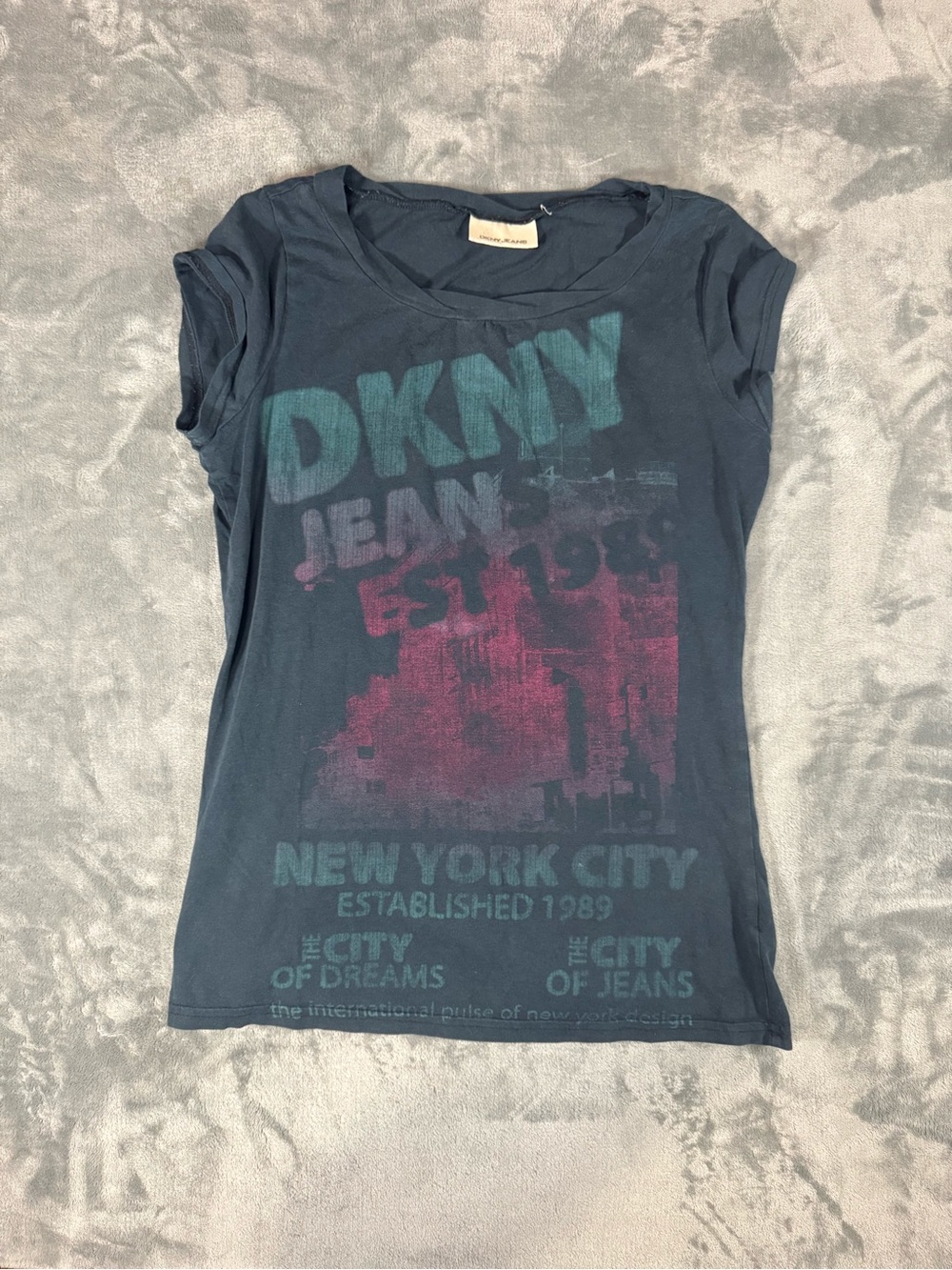 DKNY Navy Short-Sleeve Graphic Tee with Teal and Magenta Print